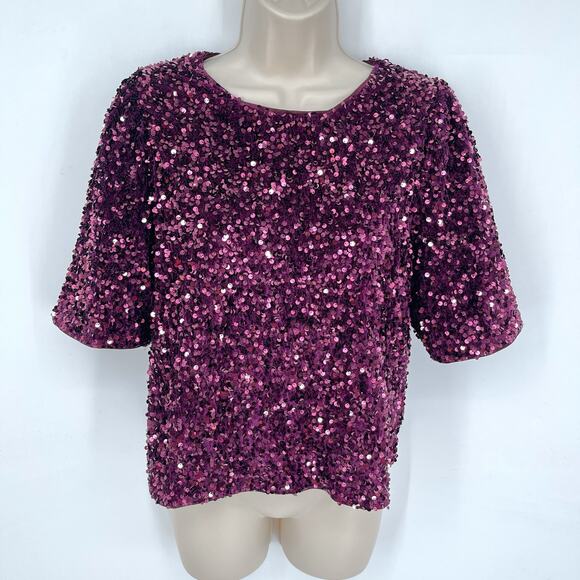Nanette Lepore NEW Plum Sequin Crop Top Womens Sz L Purple Short Sleeve Lined - Picture 1 of 8